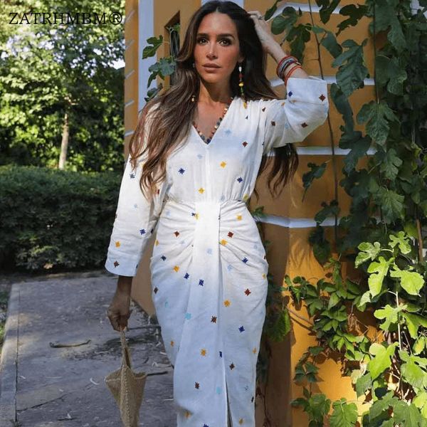 

basic casual dresses zatrhmbm women autumn fashion long sleeve elegant embroidered dress vneck split chic female beach vacation vestidos 230, Black;gray