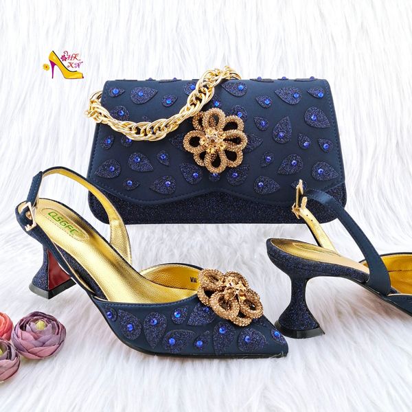 

dress shoes italian design classic women's hand bag navy blue color matching high heels african wedding party shoe and bag set 230811, Black