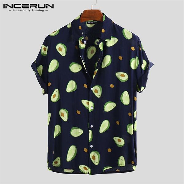 

incerun summer 2019 fashion hawaiian men's print lapel shirt casual holiday avocado streetwear personality camisa masculina 5253g, White;black