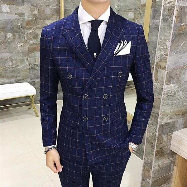 

whole envmenst brand men's plaid suit set blazer vest pants groom double breasted man wedding2817, White;black