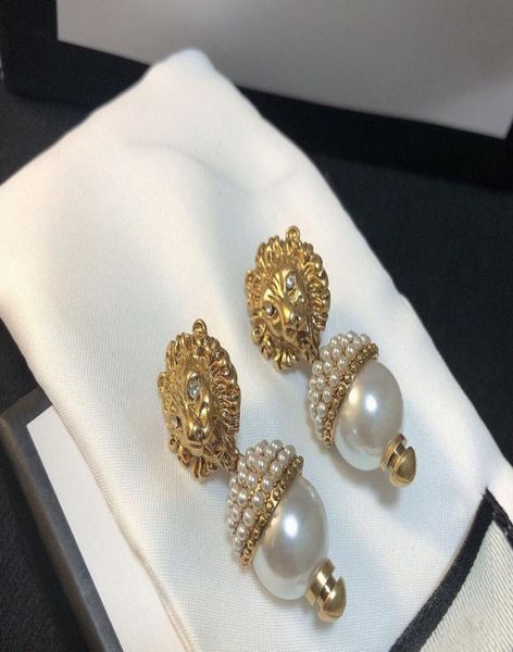 

charming women earrings gold plated cz pearl lion head earrings necklace for girls women for party wedding nice gift1114366, Golden;silver