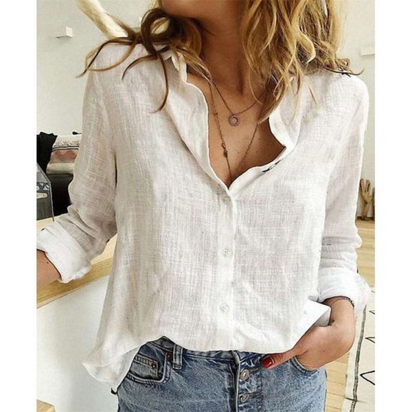 

pure color casual loose long sleeved flax shirt for women, White