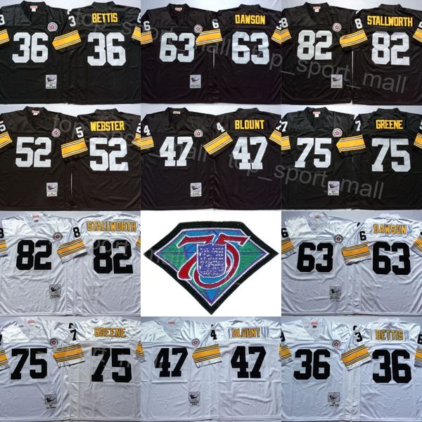 

1975 1996 retro football 36 jerome bettis jersey 47 mel blount 52 mike webster 63 dermontti dawson 75 joe greene 82 john stallworth black wh, Black;red