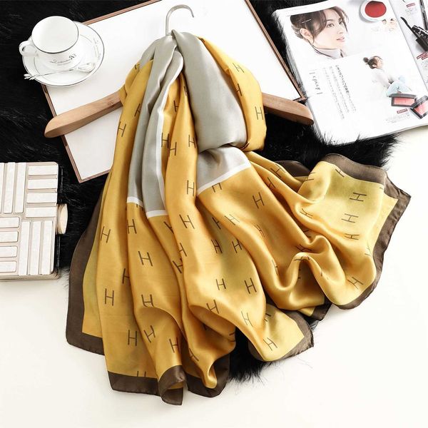 

h ermes winter and autumn scarves for sale new silk available in four seasons female english letter printing satin 180 90 super large sunscr, Blue;gray