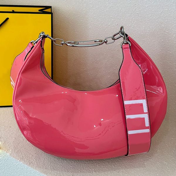 

bright color patent leather women designer half round moon bag two-tone letter wide strap silver metal hardware zipper shoulder handbag larg
