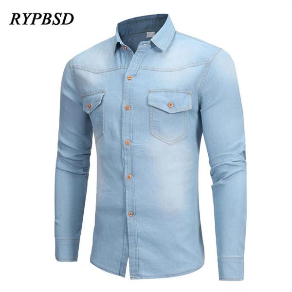 

new arrival british washed denim shirt men long sleeve casual slim fit camisa masculina dress classic light blue jean shirt men304v, White;black