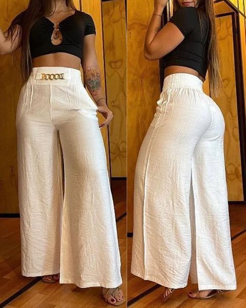 

womens pants capris spring fashion chain decor high waist casual plain pocket design daily wide leg long y2k streetwear 230812, Black;white