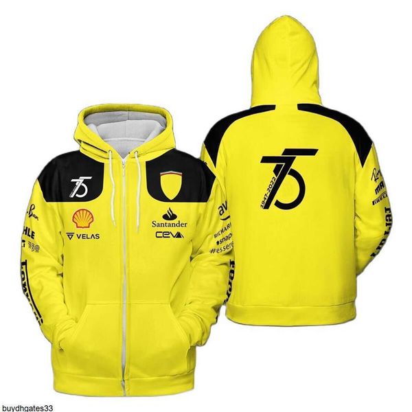 

f1 men's hoodies sweatshirts formula 1 scuderia ferari leclerc 1947-2022 75th yellow zipper hoodie spring autumn casual mens 239l, Black