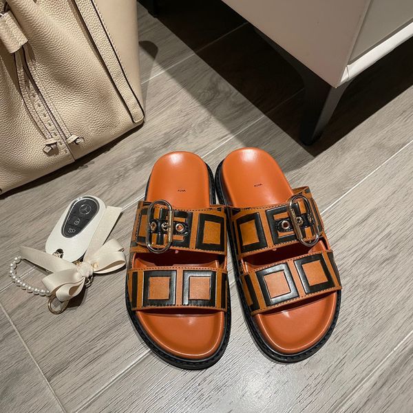 

2023 new buckle slippers sandals sliders brown double f luxury designer mens fashion leather platform shoe beach slide womans flat heel sand, Black