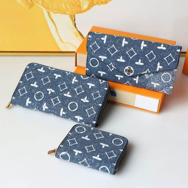 

sky blue denim women three size wallet printed letter multi pocket card holder sacoche vintage luxury handbag evening clutch large capacity, Red;black
