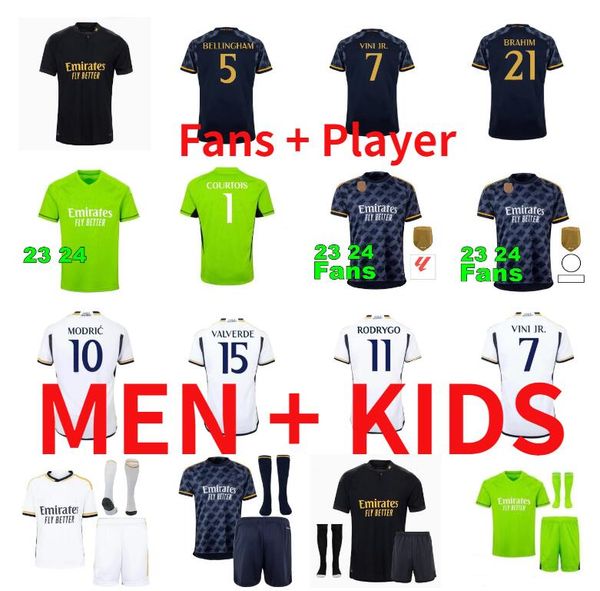 

2023 2024 bellingham vini jr soccer jerseys mbappe tchouameni modric real madrids 23 24 football shirt camavinga rodrygo camisetas men kids, Black;yellow