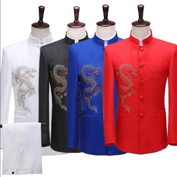 

men's suits & blazers blazer men chinese tunic suit set with pants mens embroidery dragon costume singer star stage clothing 264n, White;black