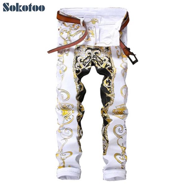 

sokotoo men's slim print jeans fashion flower straight white denim pants long trousers275y, Blue