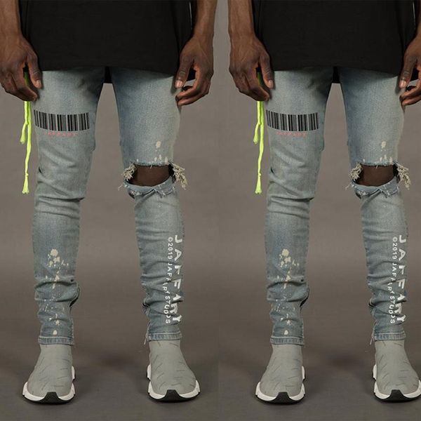 

europe and america new style for men printed with holes elasticity skinny jeans gentleman trousers219g, Blue