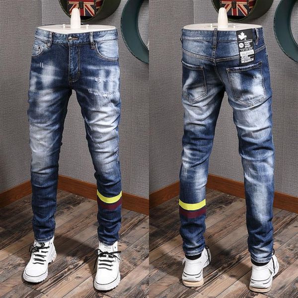 

patch distressed light blue jeans cool guy fit yellow striped slim fit leg denim pants men287n