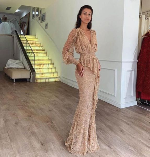 

sparkly sequined champagne mermaid evening dresses with juliet sleeve v neck peplum formal gowns long prom dress9959357, Black;red