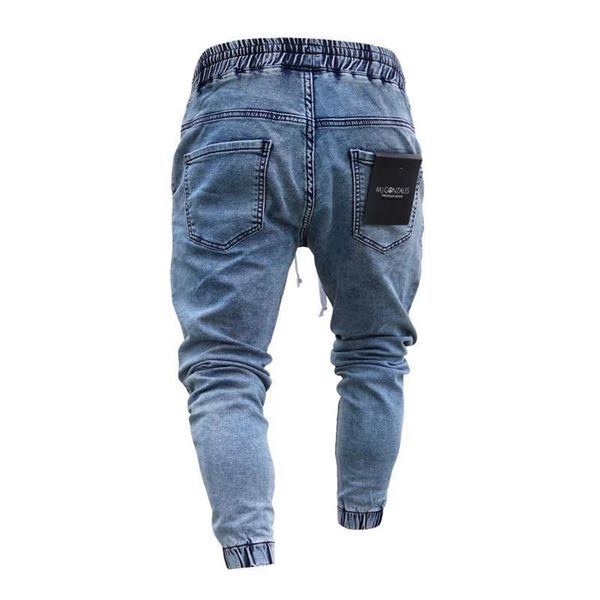 

men casual distressed skinny tactical cargo denim pants hip hop drawstring slim pant male jeans213m, Blue