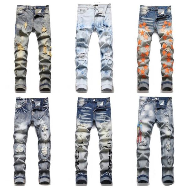 

mens distress ripped skinny jeans slim fit denim destroyed denim hip hop pants for men embroidery patchwork ripped for trend brand3110, Blue