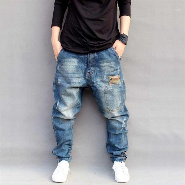

camouflage patchwork harem jeans men casual loose baggy denim pants hip hop joggers pants blue trousers man clothes plus size1347s