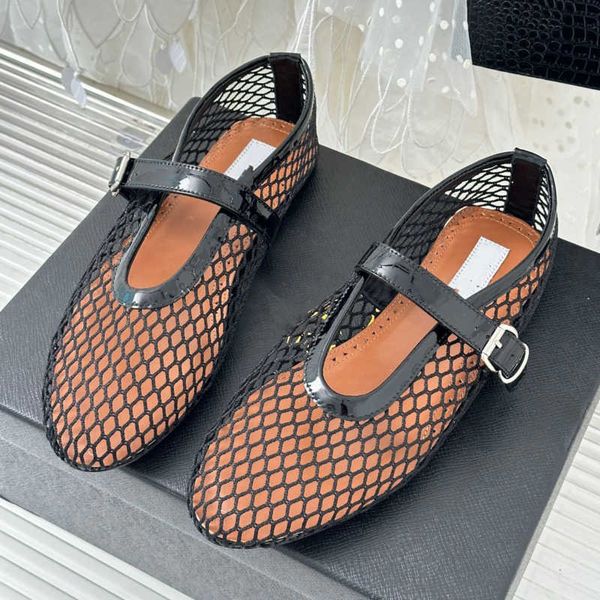 

dress shoes summer flat mesh hollow out gladiator comfortable ballet designer sapatos buckle strap women leather shoe 35-41, Black