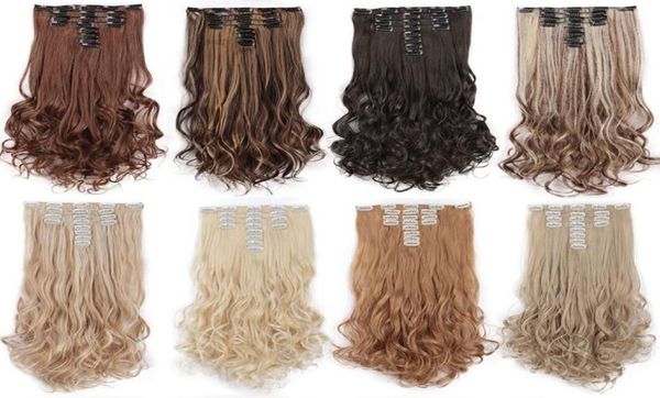 

22 inches full head long wavy synthetic 18 clips in hair extensions for women hairpieces blonde black brown6862425, Black;brown