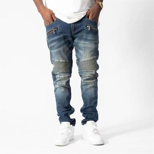 

new arrival mens designer zipper jeans handbag ripped cutting knee vintage style hole fashion jeans slim motorcycle biker causal h312f, Blue