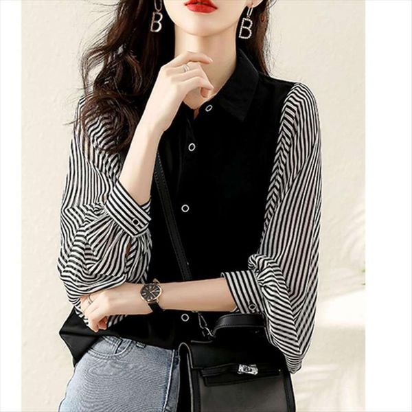 

autumn womens shirts wear all match fashionable simple chiffon stripe long sleeve shirt, White
