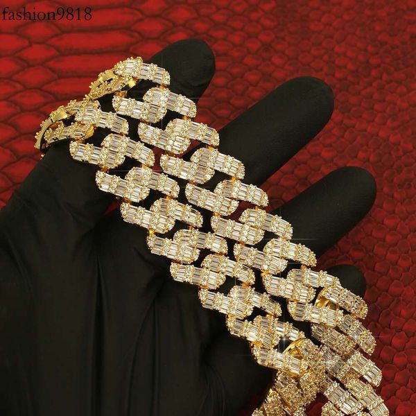 

iced out men jewelry sier with 14k gold plated necklace 15mm vvs1 diamond moissanite baguette cut cuban link chain, Silver