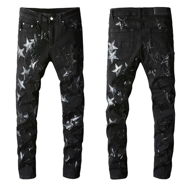 

mens distressed motorcycle biker jeans rock skinny slim hole stripe famous brand denim zipper ripped pants269i, Blue