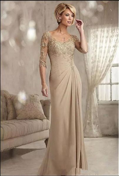 

v neck 34 long sleeve vintage floor length champagne chiffon mermaid mother of the bride dress wedding guest formal prom evening 2070166, Black;red