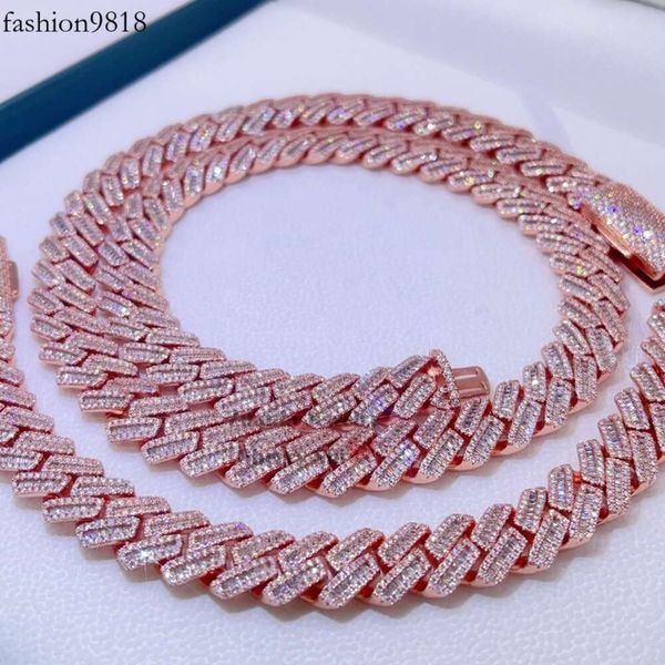 

13mm rose gold iced out vvs moissanite diamond hip hop baguette cuban chain, Black