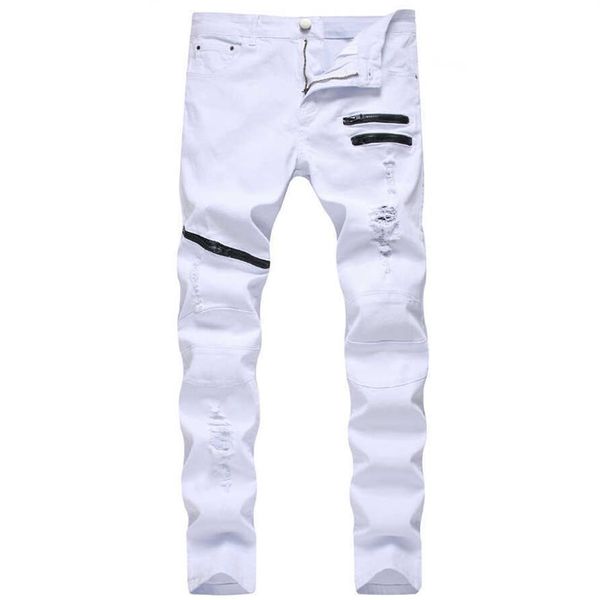 

straight hole destruction trousers distressed jeans men denim trousers men jeans fashion designer brand white jean male x0621215o, Blue