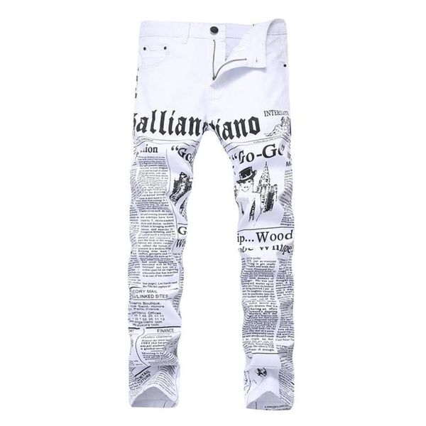 

men autumn hip hop denim jeans classic spaper letter printed casual slim cowboys trousers man young fashion white2665, Blue