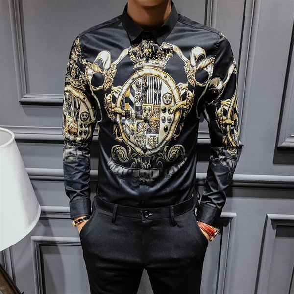 

2020 black gold print shirts men baroque slim fit party club shirt men camisa homem luxury long sleeve shirt plus size 4xl154d, White;black