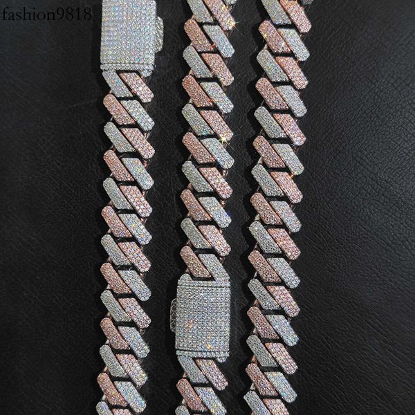 

fashion jewelry two tone 18mm brass iced out t square zircon miami cuban link chain baguette diamond hip hop rapper necklace, Silver