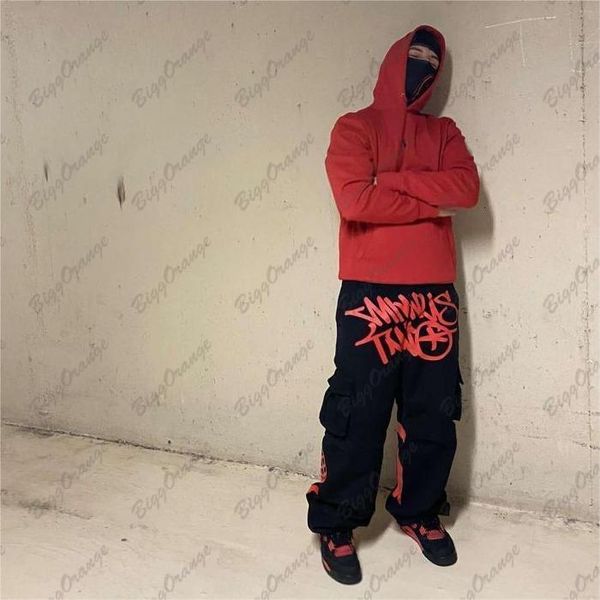 

men's pants print loose men's kuzi fashion streetwear multi-pocket cargo pants y2k hip hop pants cargo pants men pants 230812, Black