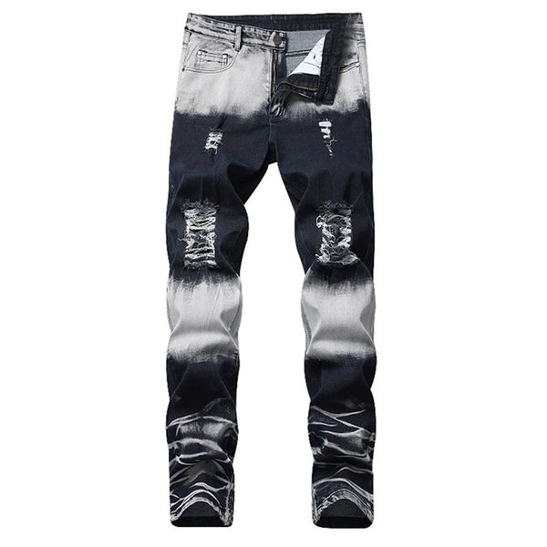

2019 new straight brand men ripped jeans trousers fashion brand design denim pants retro hole personality ripped jeans301p, Blue