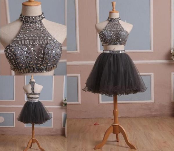 

2019 silver gray two pieces prom dresses high neck beaded cut out waist homecoming dress crystal rhinestones short party gown 9849728, Black