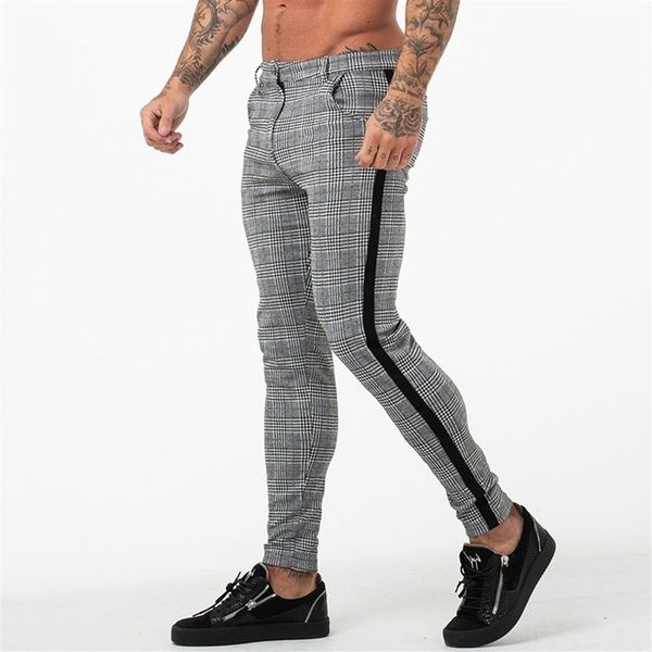 

e-baihui mens chinos trousers grey plaid chinos skinny pants for men side stripe stretchy suitable fitting athletic body building 247i, Black