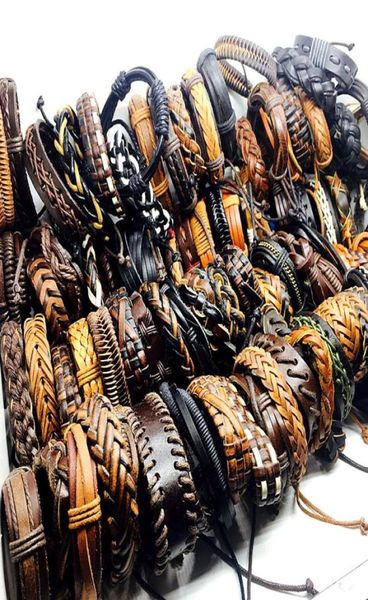 

whole 100pcslot mix styles handmade blackbrown men039s vintage genuine leather surfer jewelry cuff bracelets3090418, White