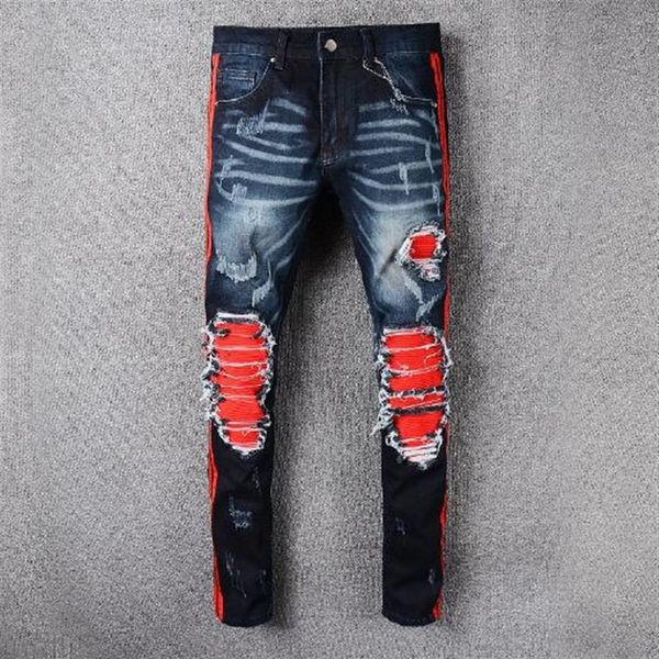 

hiphop popular famous vintage distrressed applique ripped motorcycle biker zipper men's jeans men's cargo pants vaqueros2505, Blue