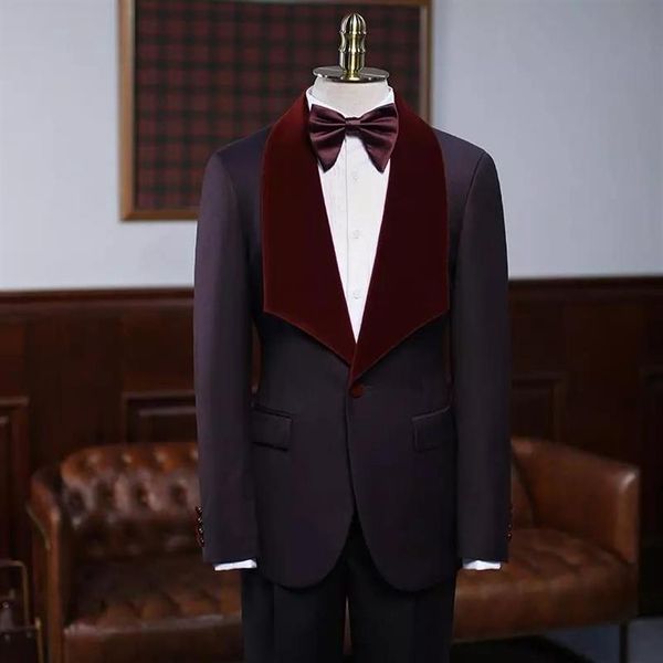 

men's suits & blazers 2021 black mens burgundy velvet lapel groom tuxedos groomsmen wedding party dinner men latest designs m2862, White;black