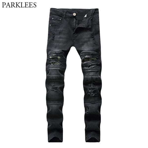 

black skinny ripped biker jeans men 2020 casual wash cotton slim fit hole destroyed jeans pants mens hip hop damage homme286m, Blue