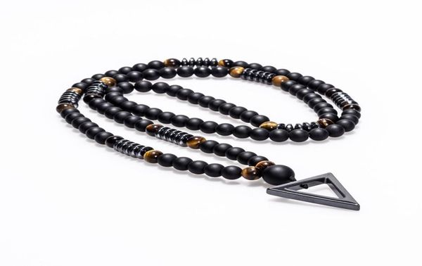 

new design long necklace 8mm tiger stone bead black men039s hematite triangle pendants necklace fashion geometry jewelry gift4914592, Silver
