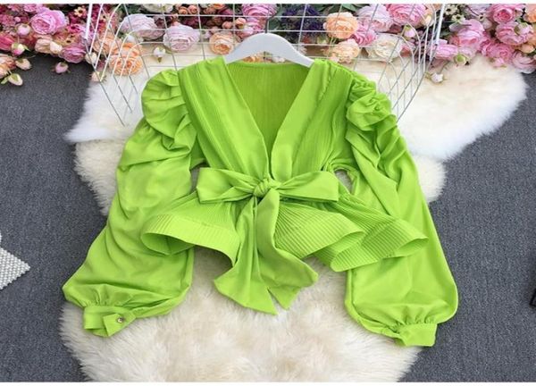 

women temperament strap waist closed solid bow shirt puff long sleeve blouse sweet korea summer 20231131990, White