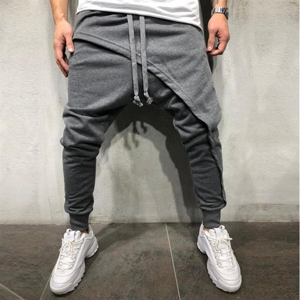 

cool men asymetric layered jogger pant hip hop streetwear jogger pants slim fit casual drawstring close bottom long pants big 2332, Black