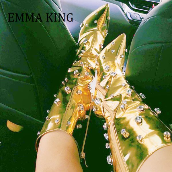 

boots women golden metallic leather knee high boots pointy toe decor runway boots female autumn winter shoes botas de mujer 230811, Black