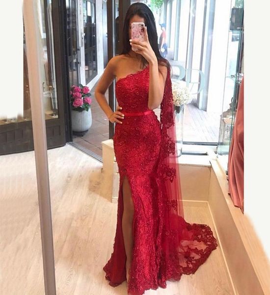 

long mermaid mother of the bride dress with cape one shoulder appliques lace floor length side split evening prom wedding par1792615, Black;red