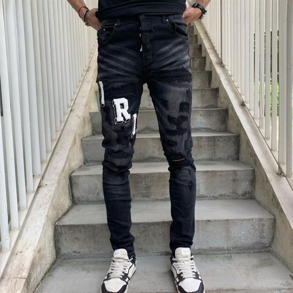 

fashion men jeans jeans designer am elastic letters embroidery hole wash rock style casual street jeans large size245z, Blue
