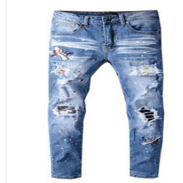 

sellingbrand designer amr men denim slim jeans embroidery pants fashion holes trousers us size 28-40272g, Blue